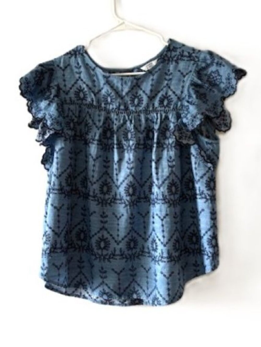 Crown & Ivy Blue Top with Dark Blue Embroidery and Flutter Scalloped Sleeves